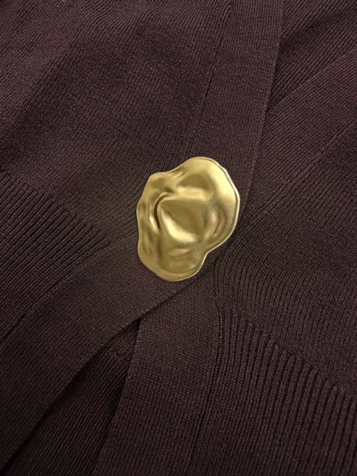 Gold-button deep V-neck knit cardigan with split hem
