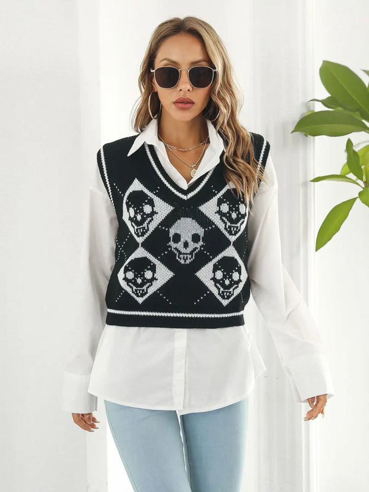 Black Skull argyle knit sweater vest with striped V-neck