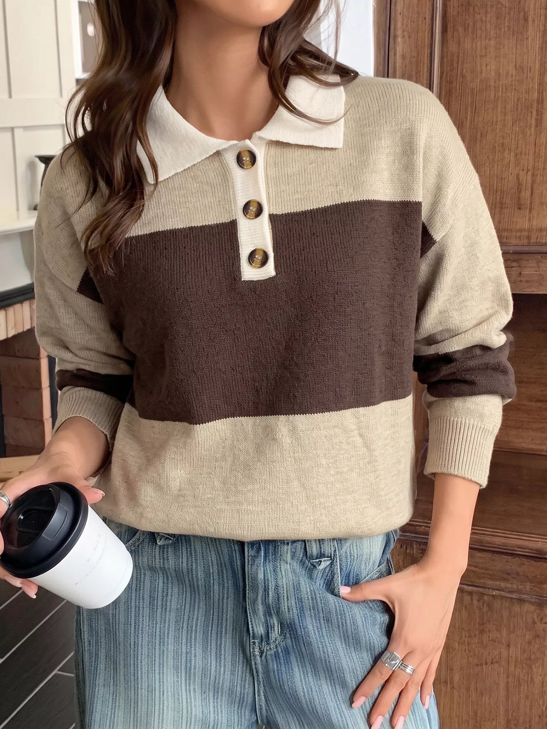 Color block polo collar sweater with button placket