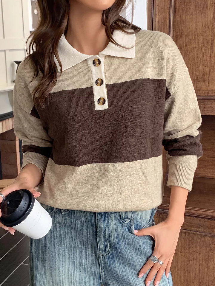 Color block polo collar sweater with button placket