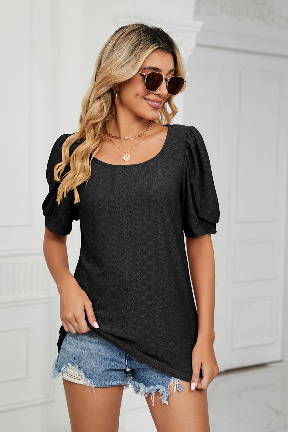 Eyelet puff sleeve top with scoop neckline