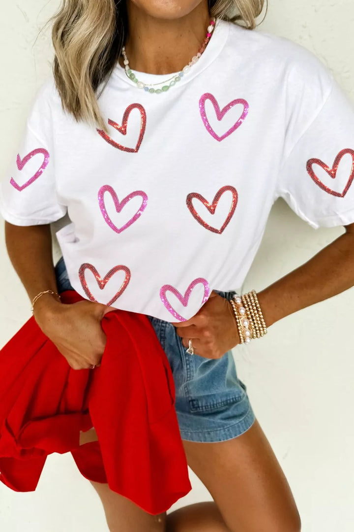 White Sequin heart crew neck short sleeve tee