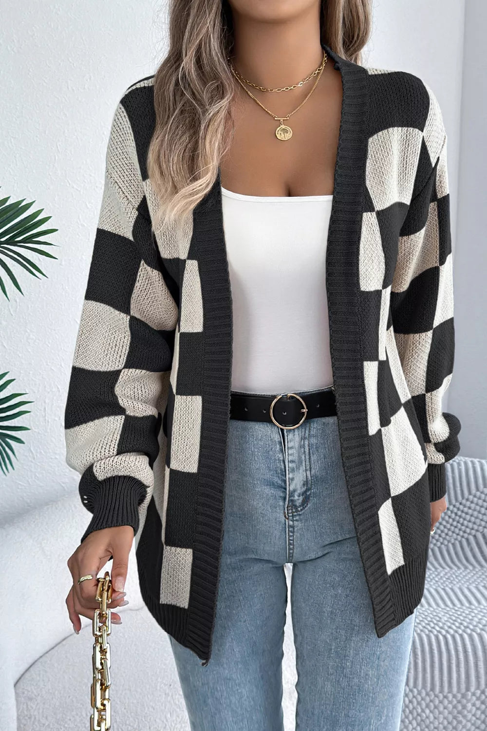 Black Checkerboard open front knit cardigan with ribbed trim