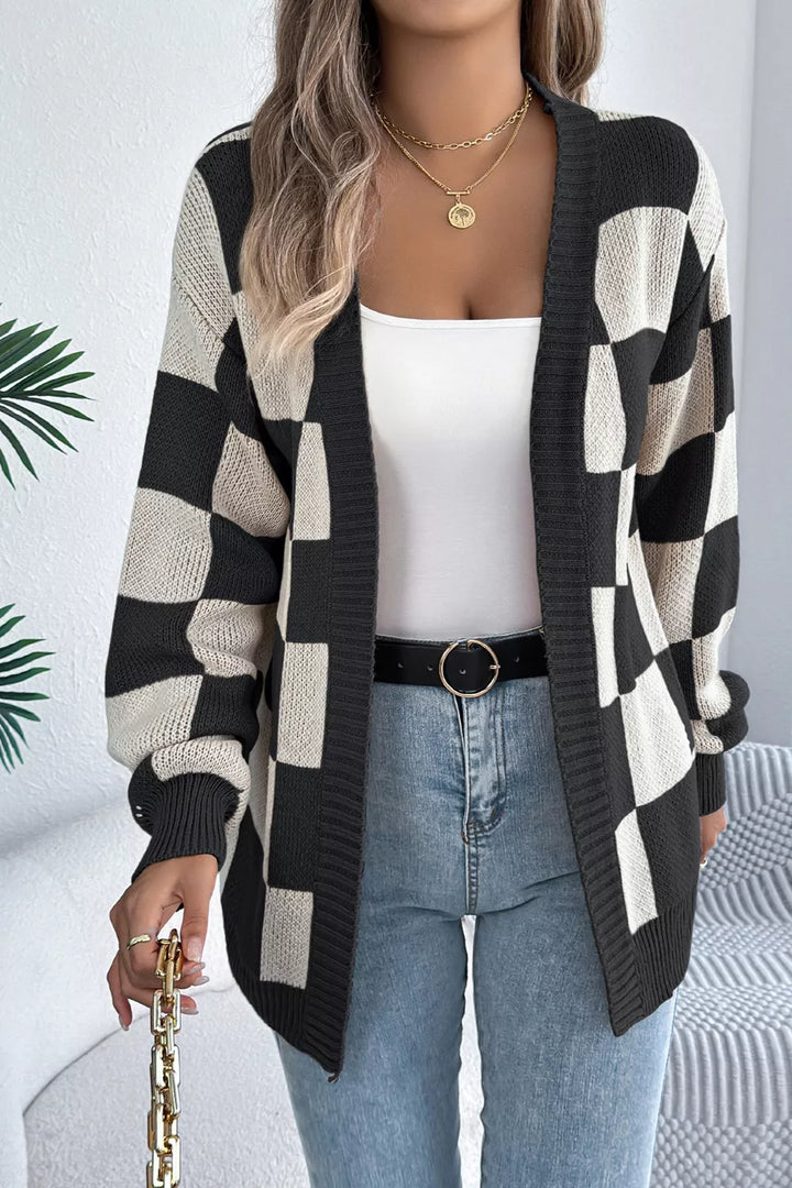 Black Checkerboard open front knit cardigan with ribbed trim