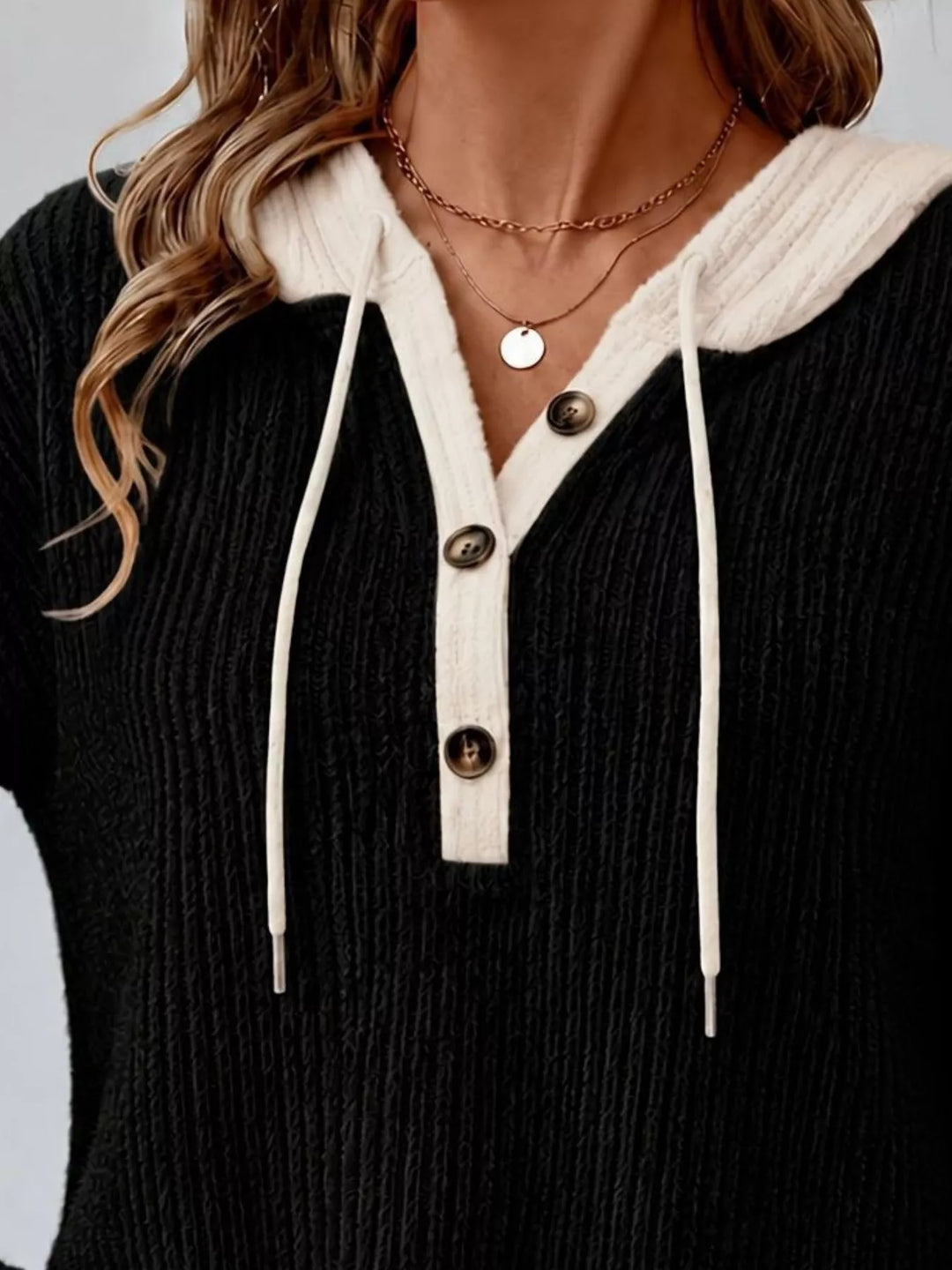 Ribbed knit drawstring hoodie with button henley placket