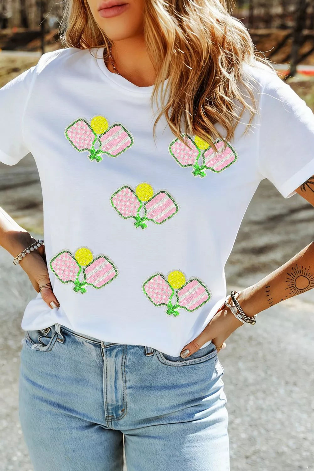 Scattered sequin pickleball graphic short sleeve tee