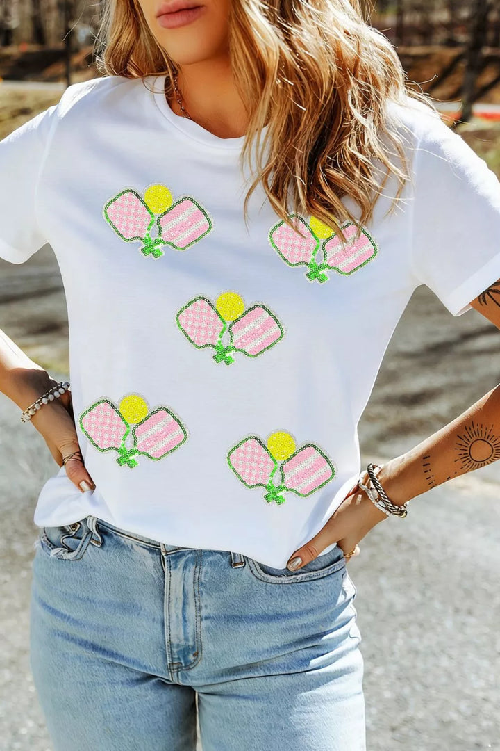 Scattered sequin pickleball graphic short sleeve tee