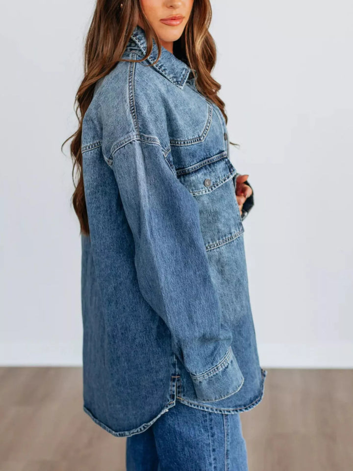 Oversized snap-front denim shacket with chest pockets