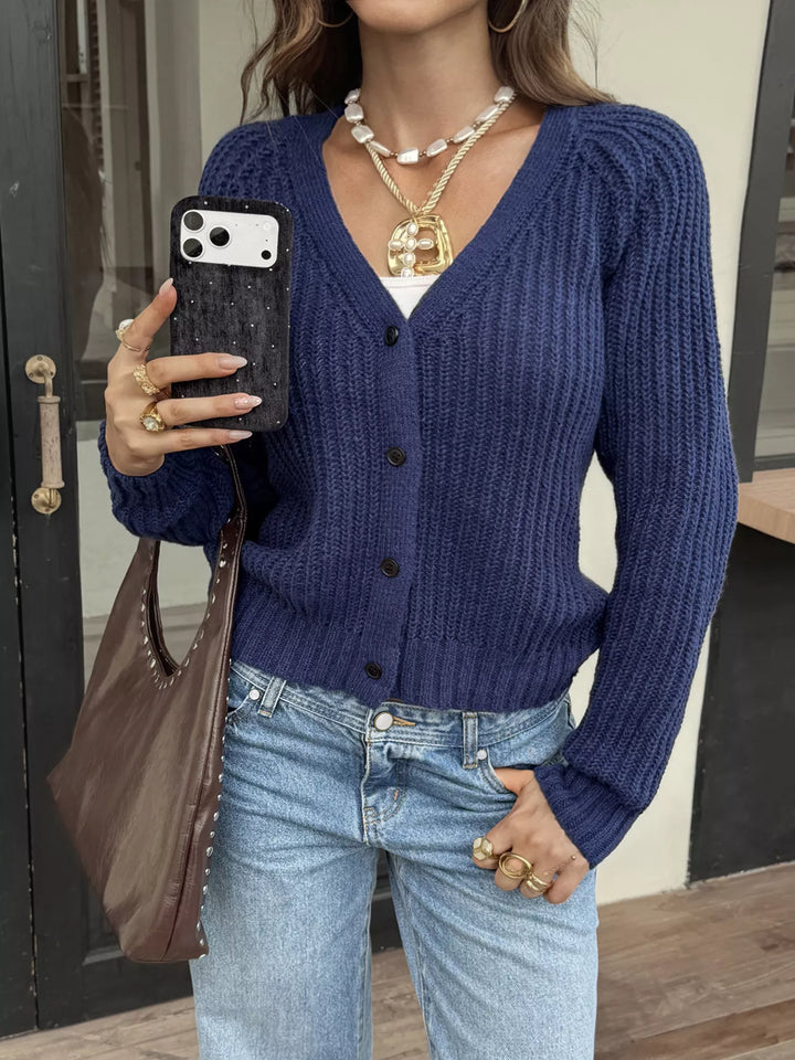 Ribbed knit V-neck button-down cardigan