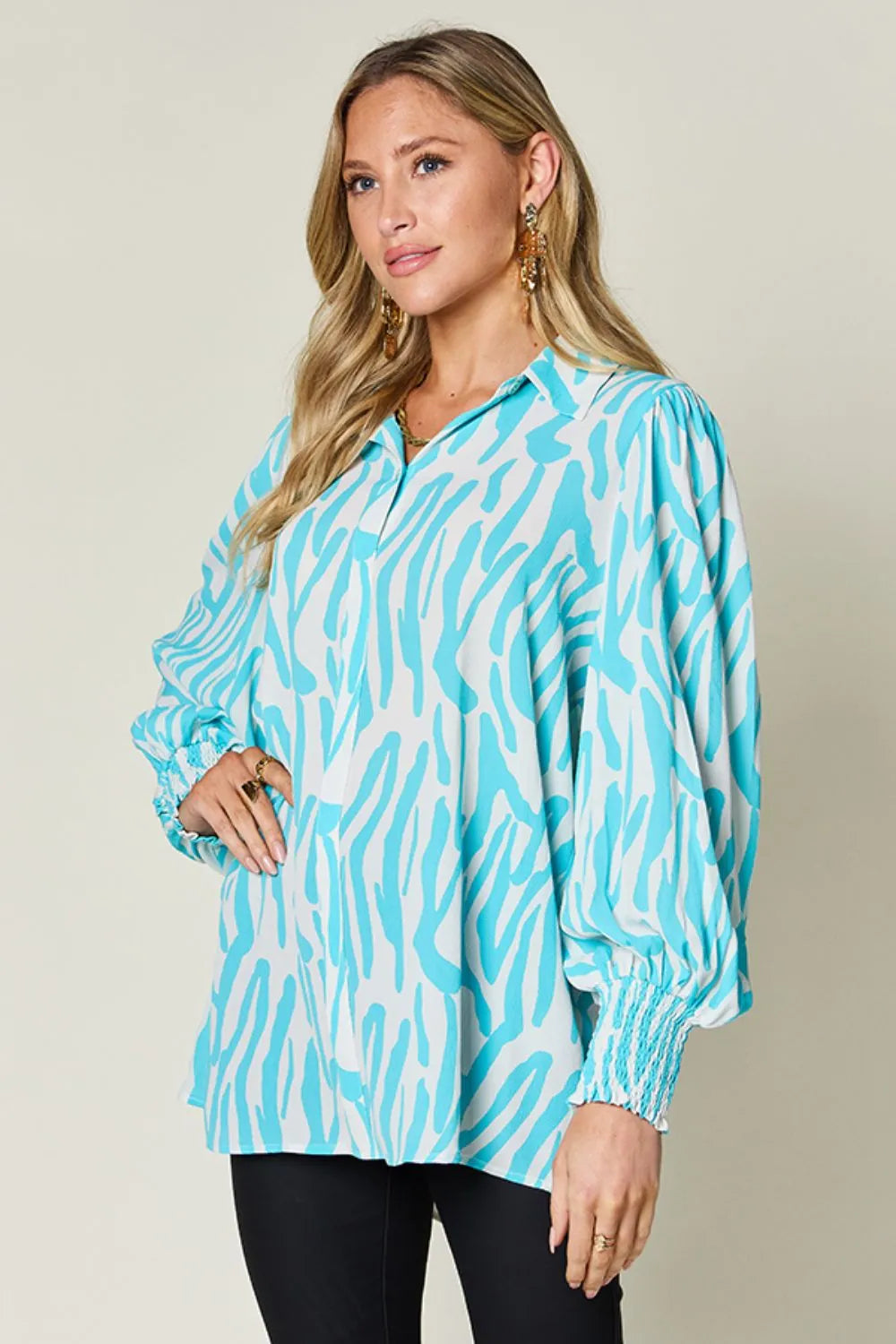 Zebra print smocked-cuff long sleeve blouse