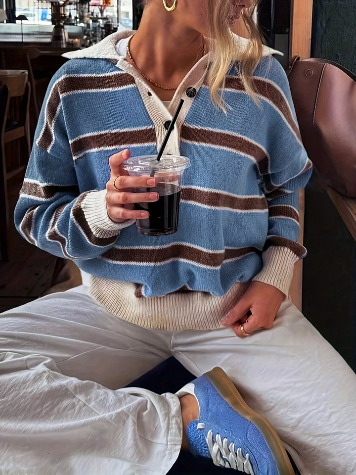 Striped henley sweater with ribbed button placket