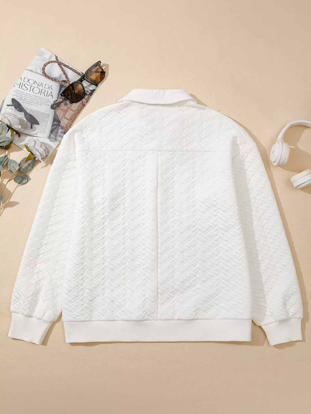 Textured basketweave johnny collar pullover sweatshirt