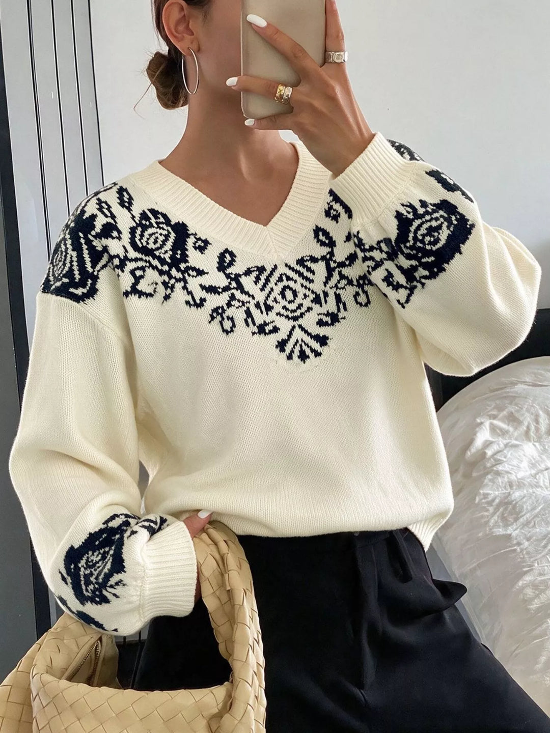 Floral jacquard V-neck dropped shoulder sweater