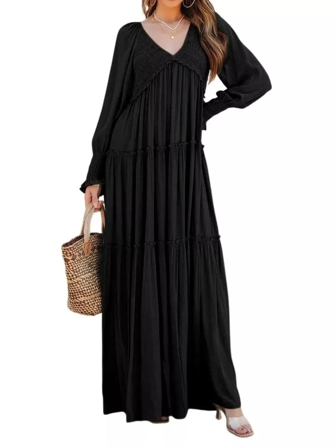 Smocked v-neck tiered maxi dress with long sleeves