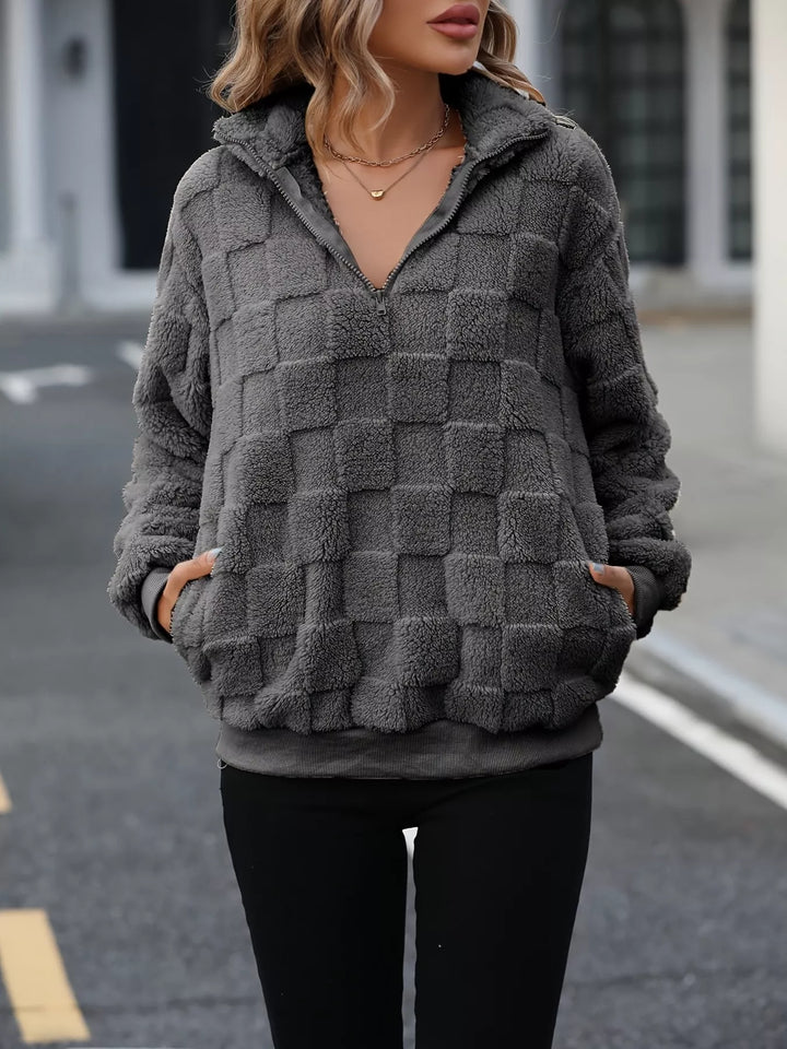 Checkered sherpa fleece quarter zip pullover with pockets