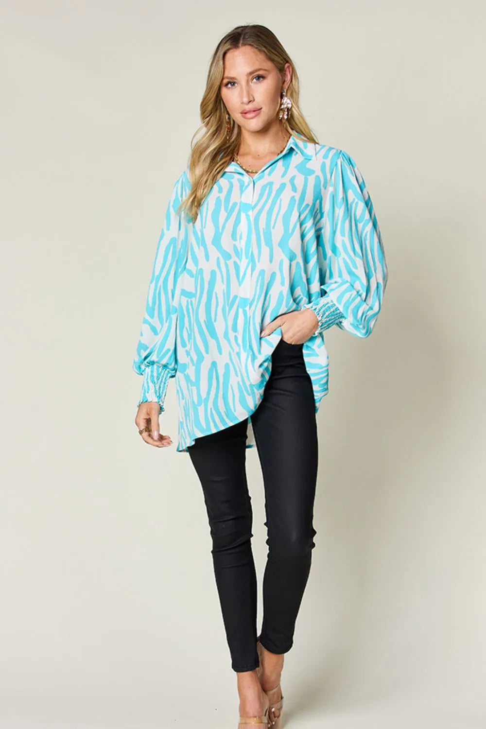 Zebra print smocked-cuff long sleeve blouse