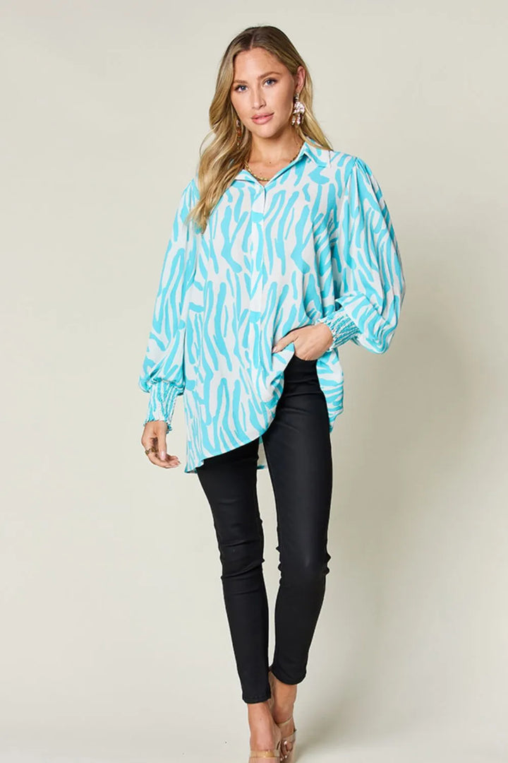Zebra print smocked-cuff long sleeve blouse