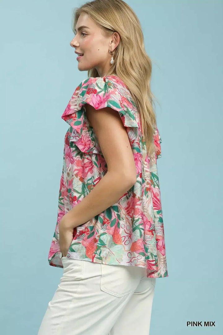 Tiered ruffle cap sleeve floral blouse with lace V-neck