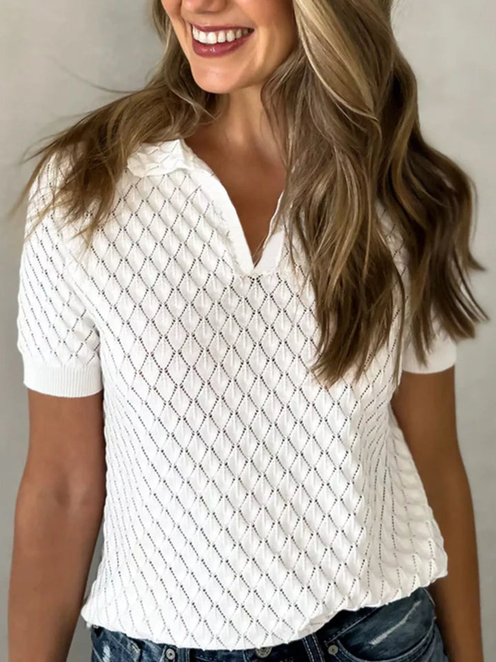 Textured pointelle knit collared short sleeve top