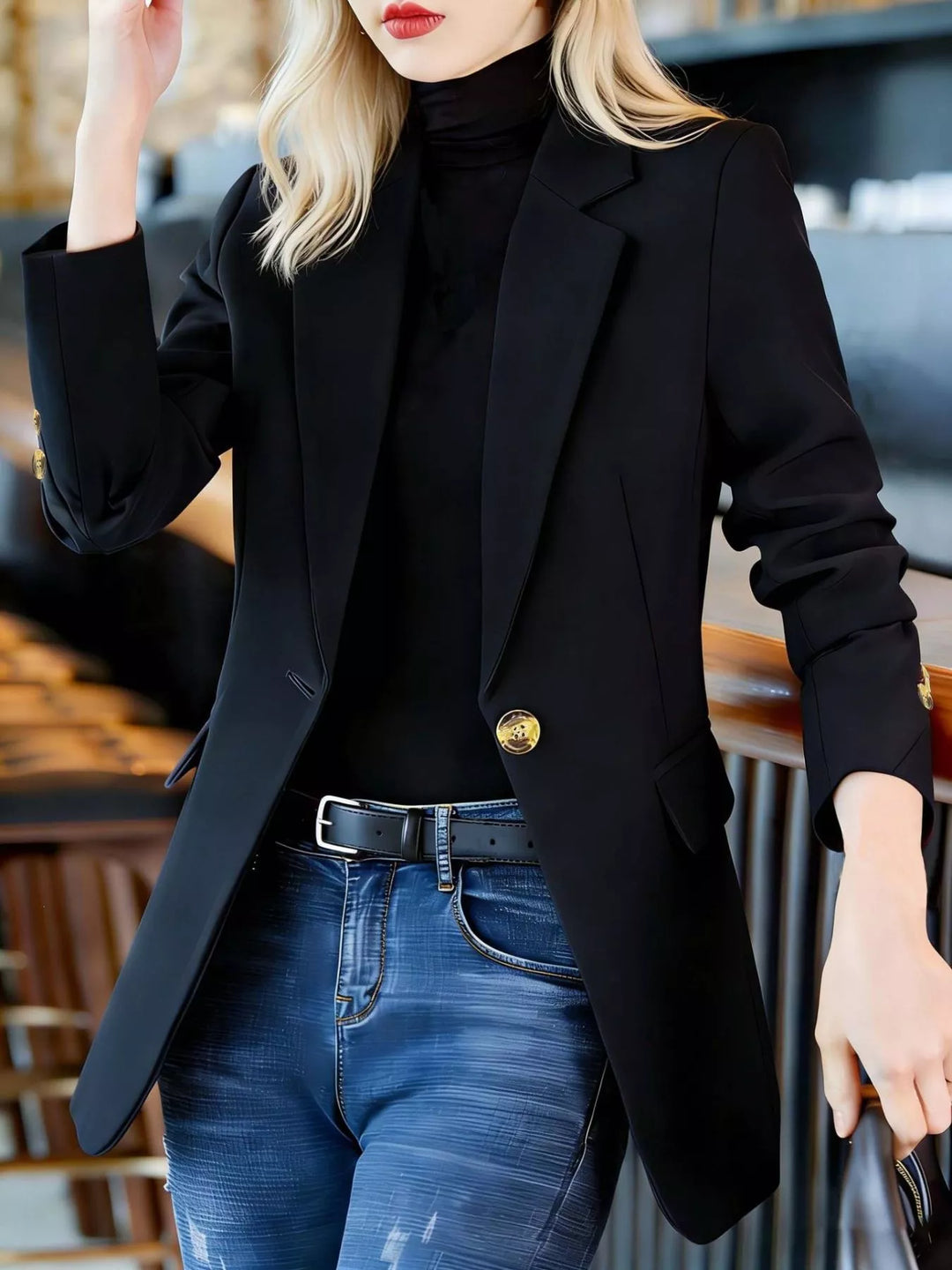 One-button notched lapel blazer with gold buttons