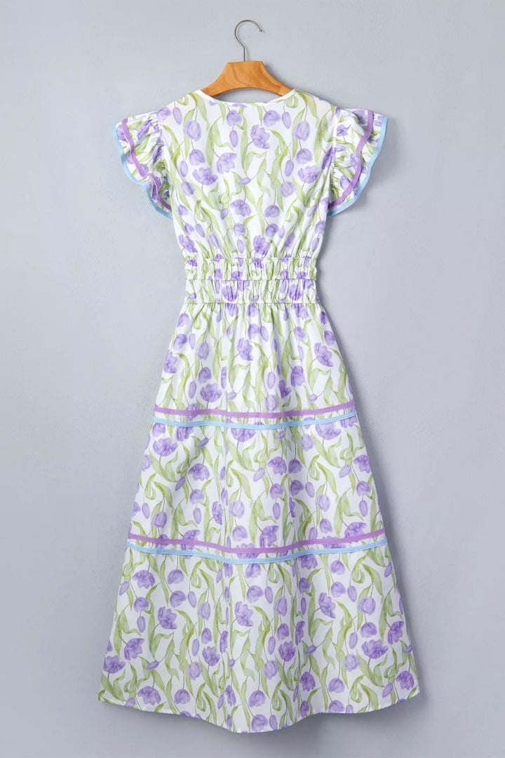 Tiered floral print midi dress with flutter sleeves and contrast trim