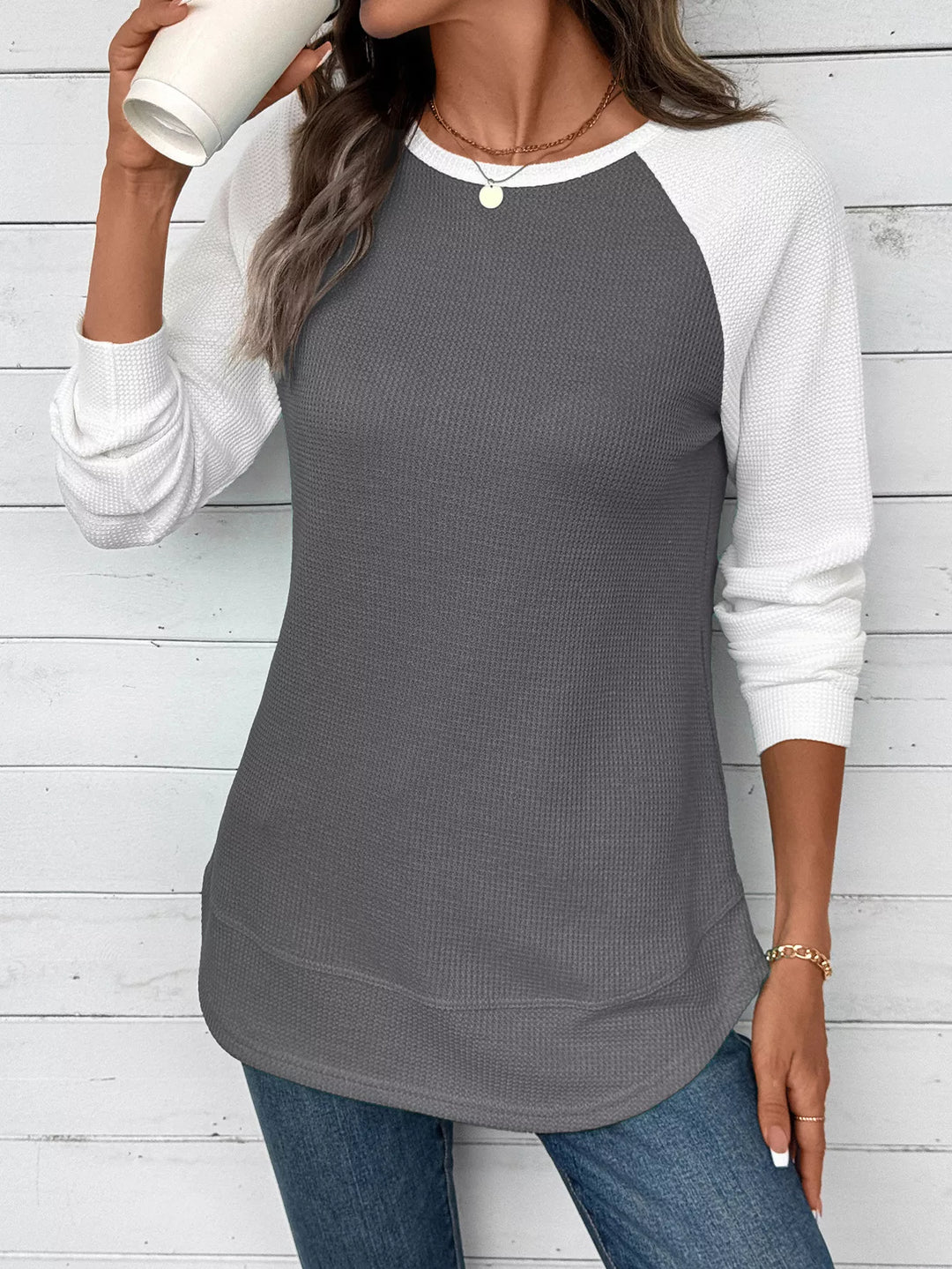Contrast raglan waffle knit long sleeve top
