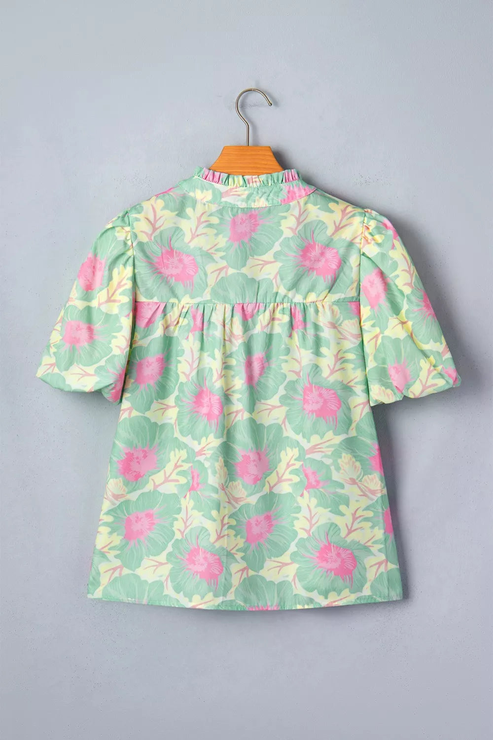 Floral print puff sleeve blouse with split neck