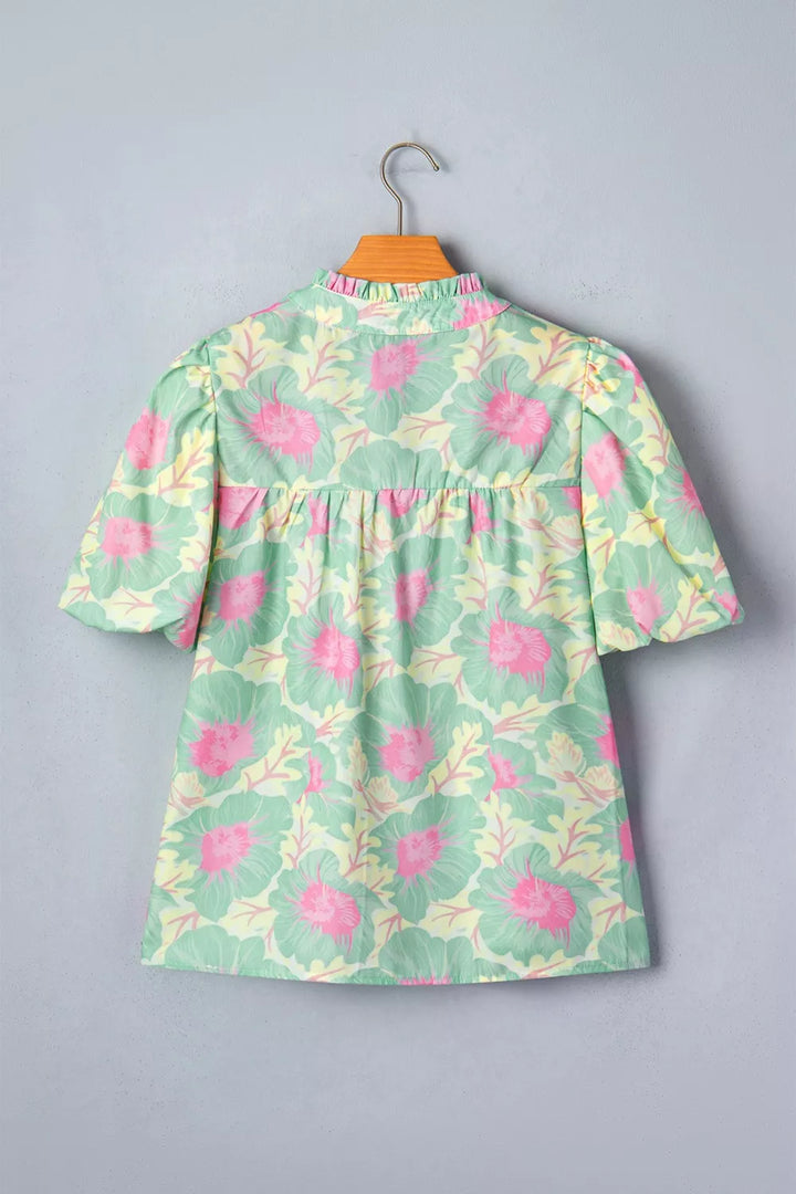 Floral print puff sleeve blouse with split neck