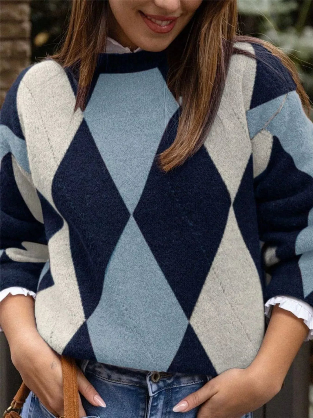 Argyle diamond knit round neck pullover sweater