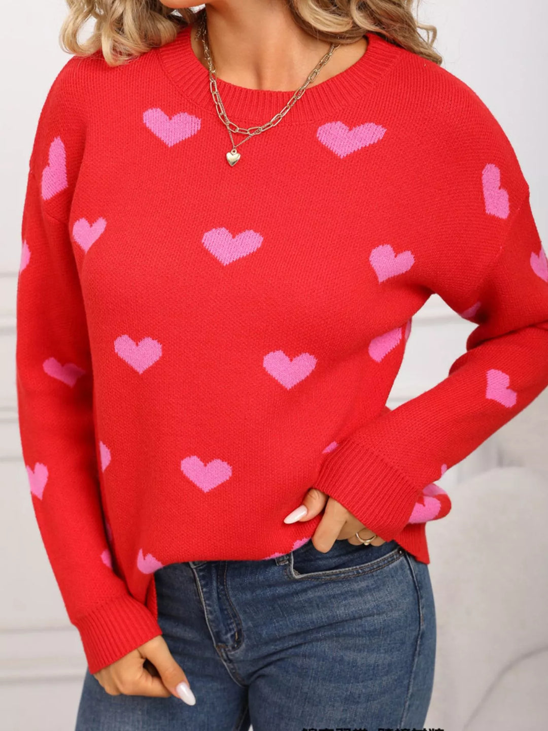 Heart pattern dropped shoulder crew neck sweater