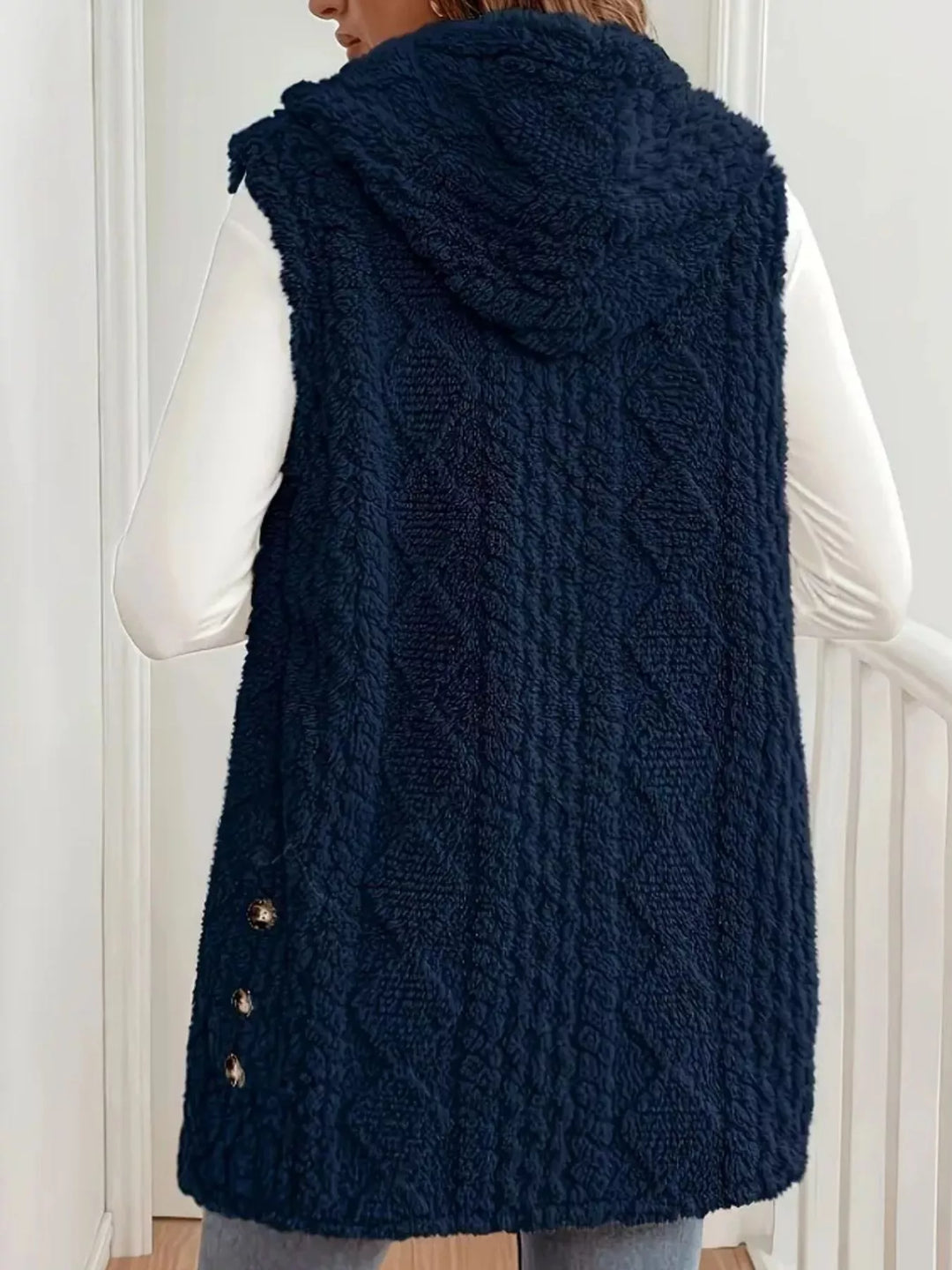 Textured sherpa hooded vest with button front