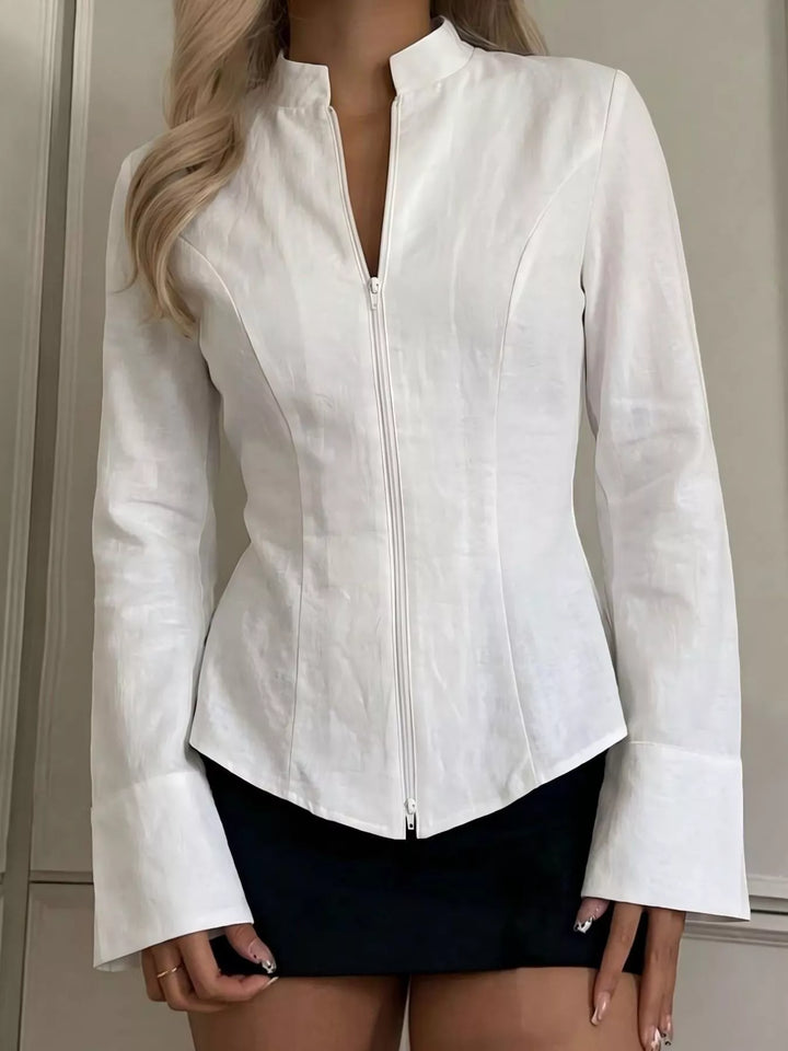 Zip-front mock neck top with flared cuffs