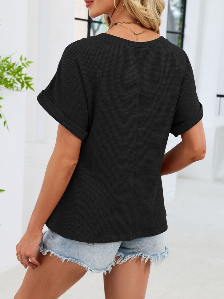 Crochet lace yoke waffle knit short sleeve top