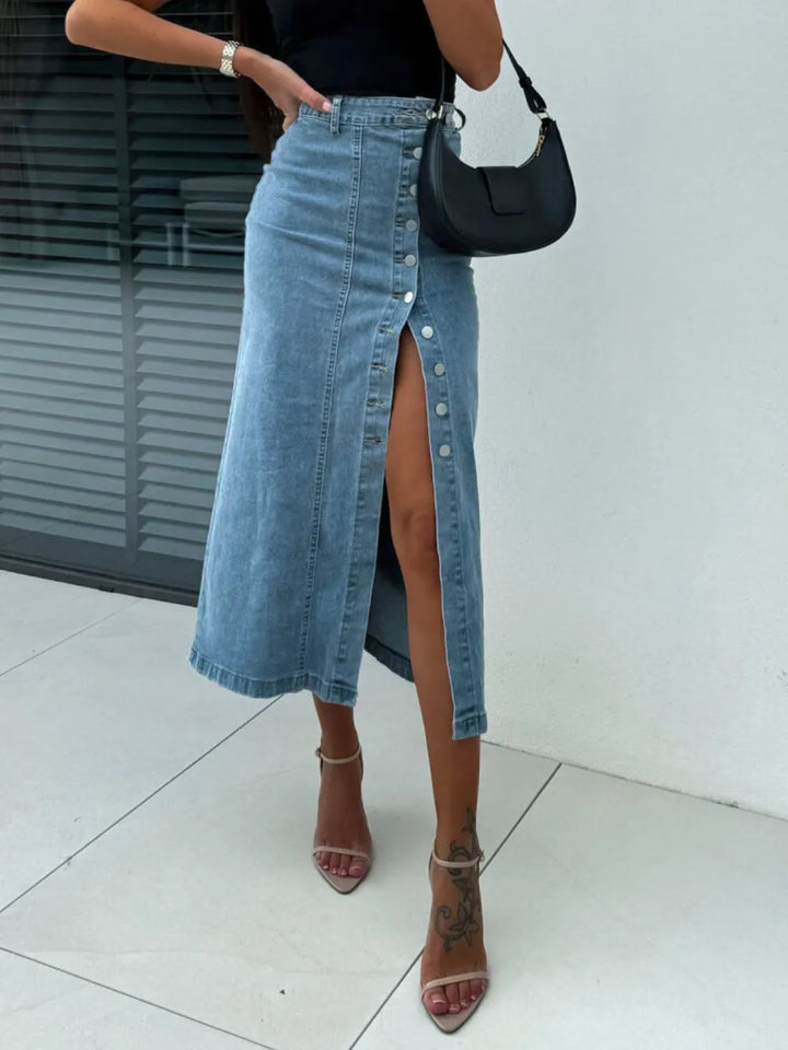 Light High-waist front-button slit midi denim skirt