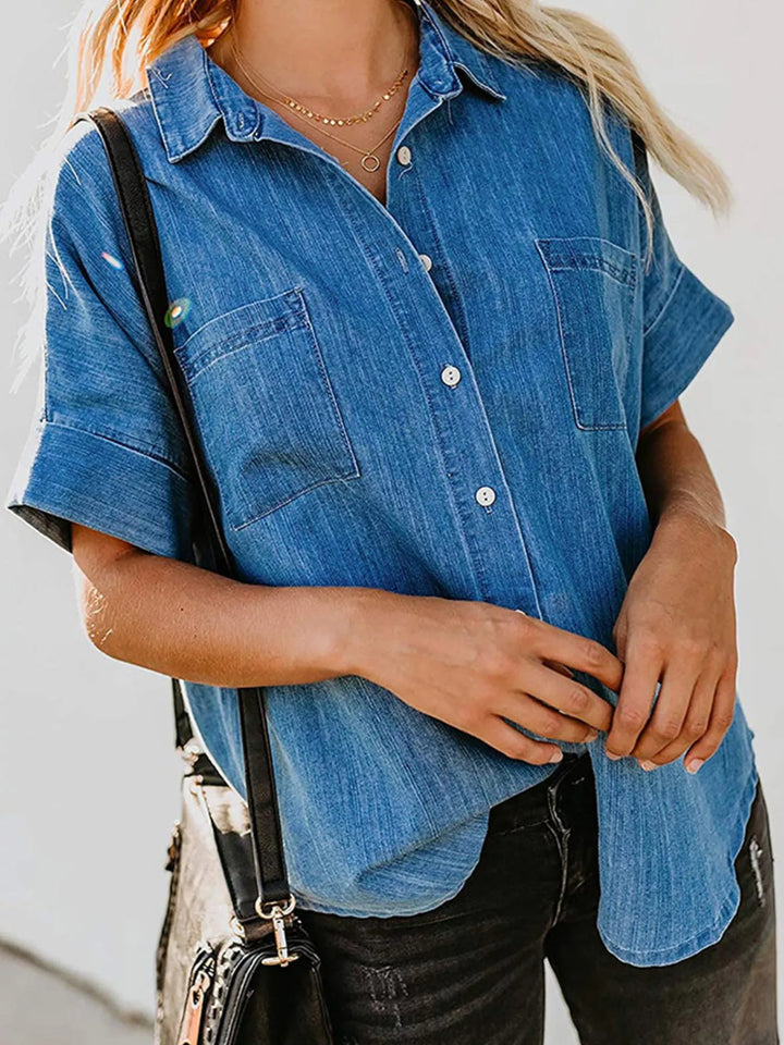 Relaxed short sleeve denim button-down with chest pockets