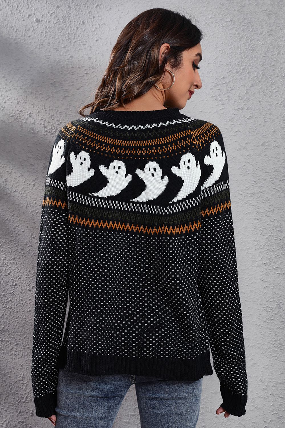 Ghost print Fair Isle knit crew neck pullover sweater