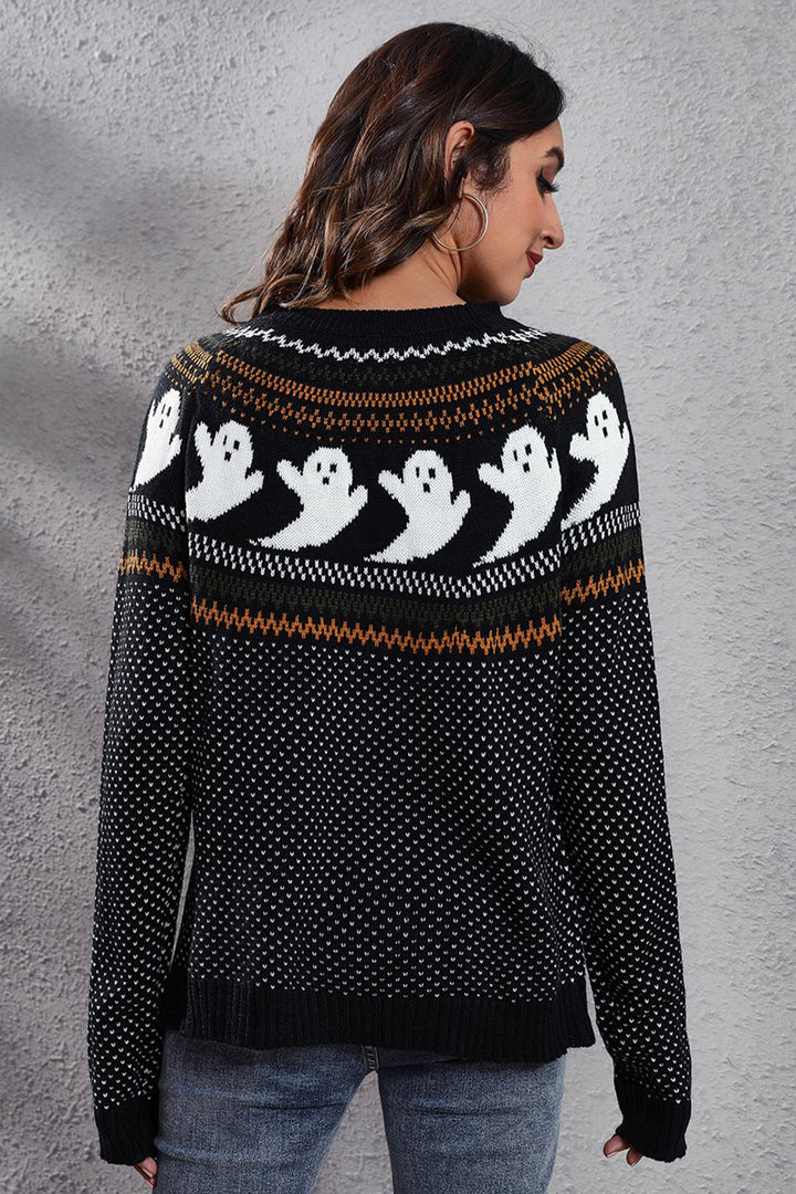 Ghost print Fair Isle knit crew neck pullover sweater