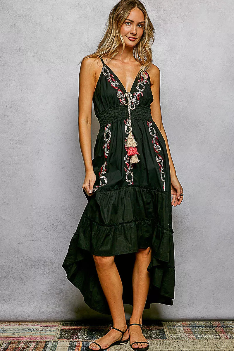 Embroidered tiered midi cami dress with tassel tie