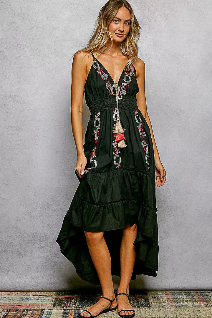 Embroidered tiered midi cami dress with tassel tie