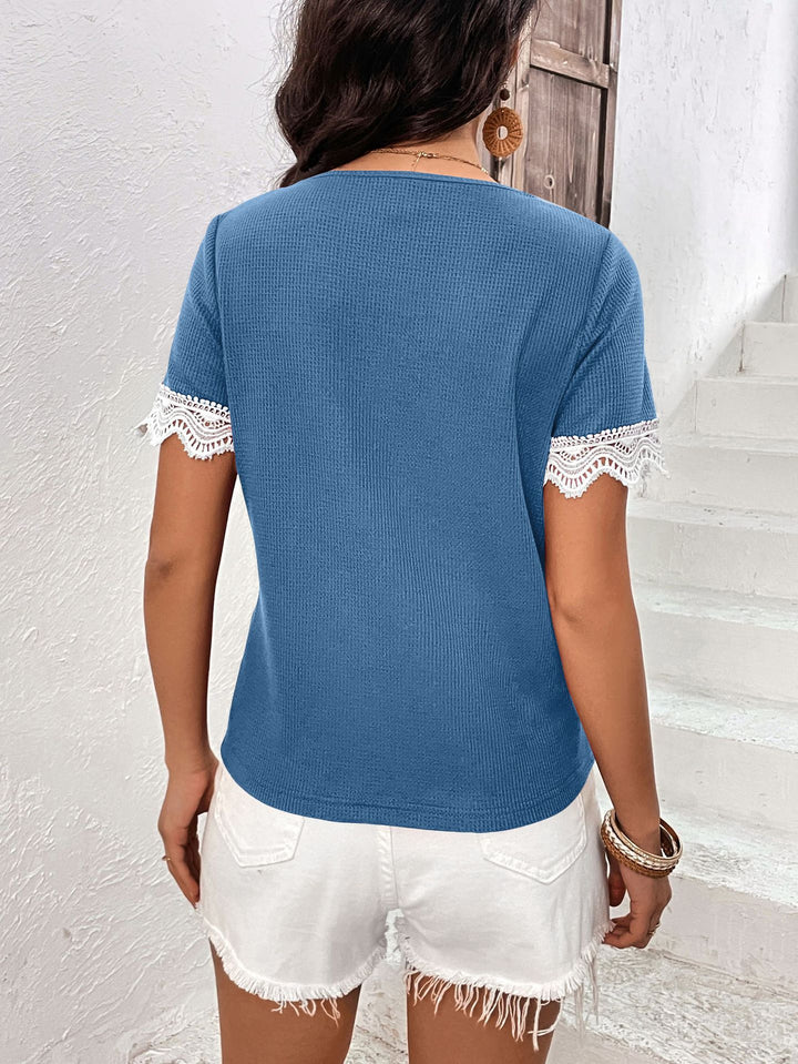 Lace-trim V-neck short sleeve top with button placket