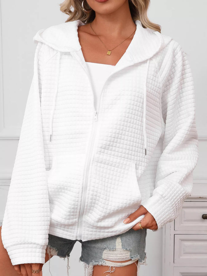 Textured quilted zip-up hooded jacket with pockets