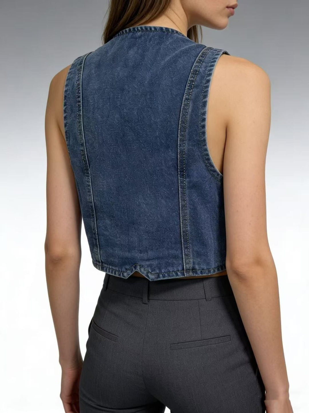 Cropped denim button-down vest with V-neckline
