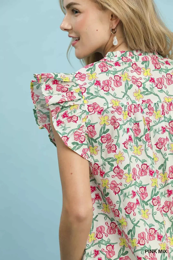 Floral ruffle cap sleeve button-front babydoll top