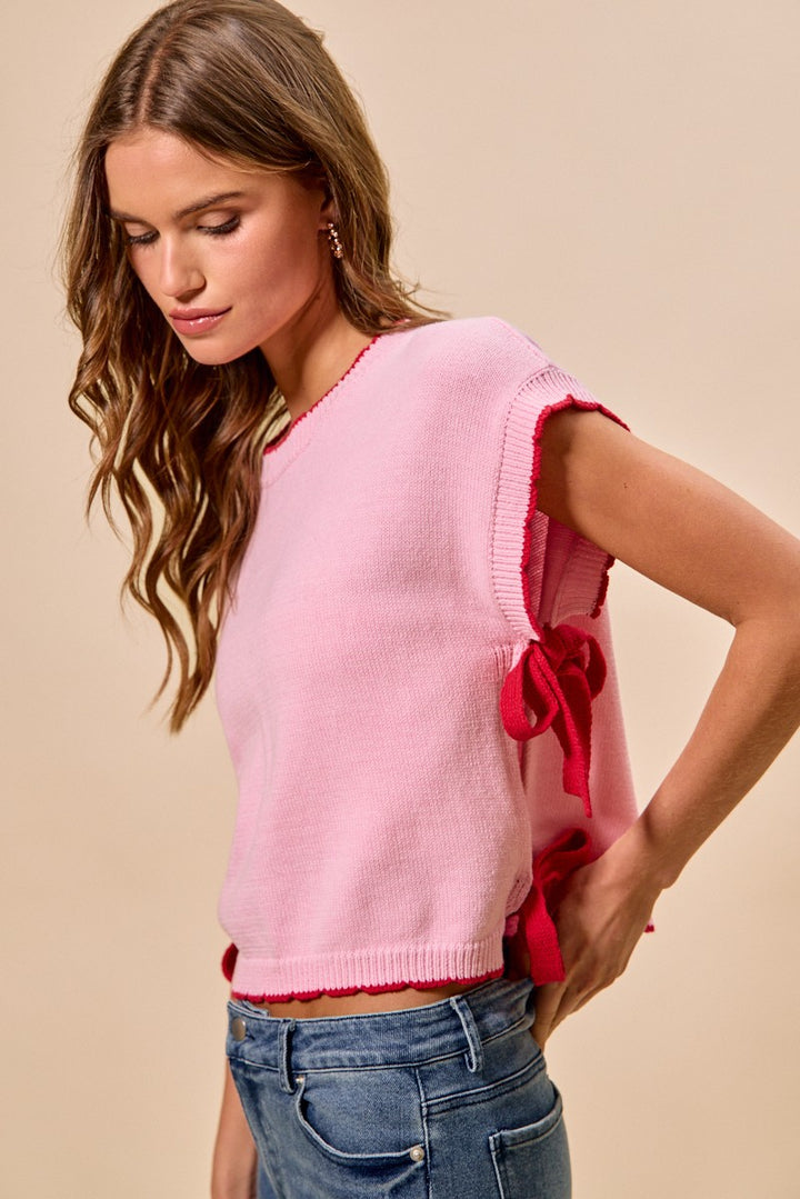 Dolman sleeve knit sweater top with side ribbon ties