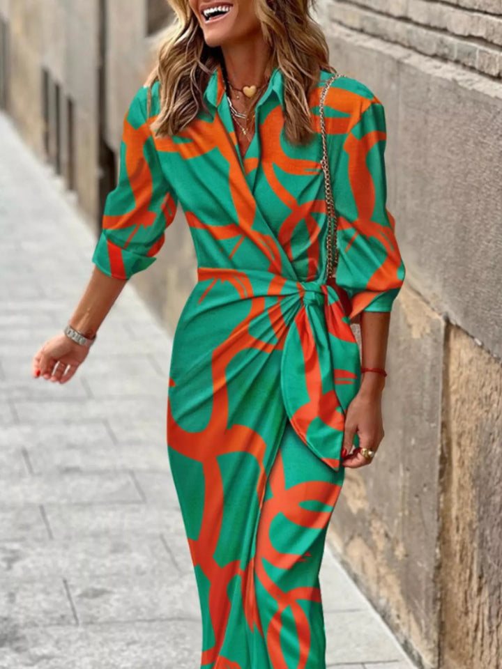 Green Abstract print collared shirt dress with tie waist