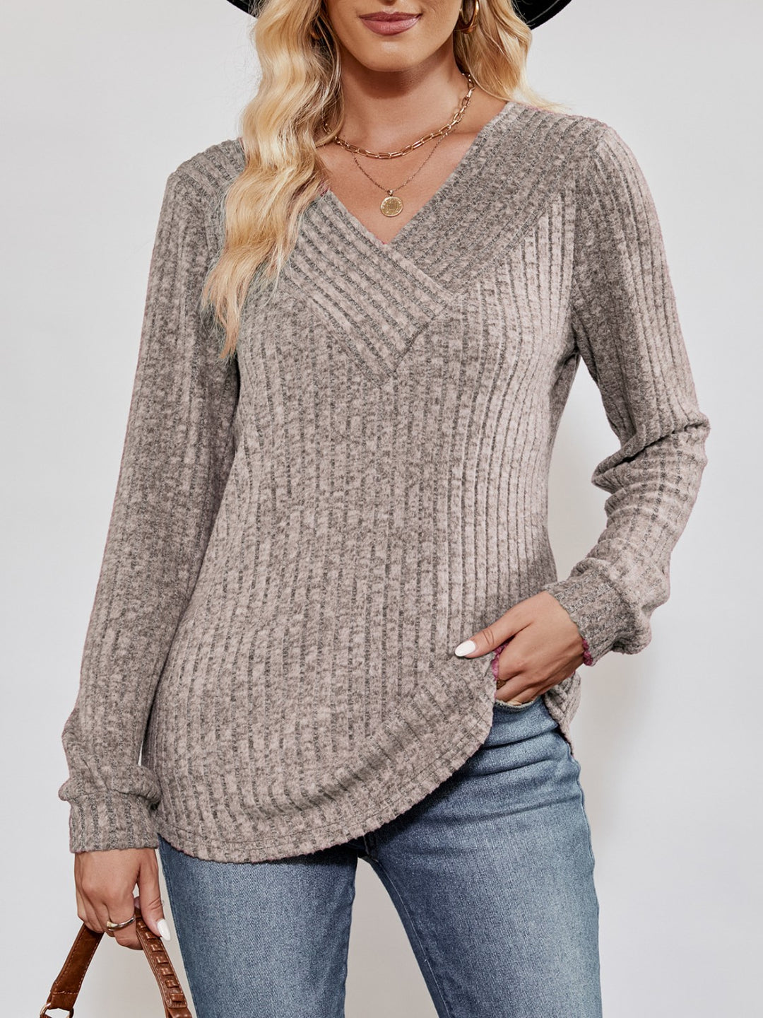 Khaki Ribbed knit crossover V-neck long sleeve top