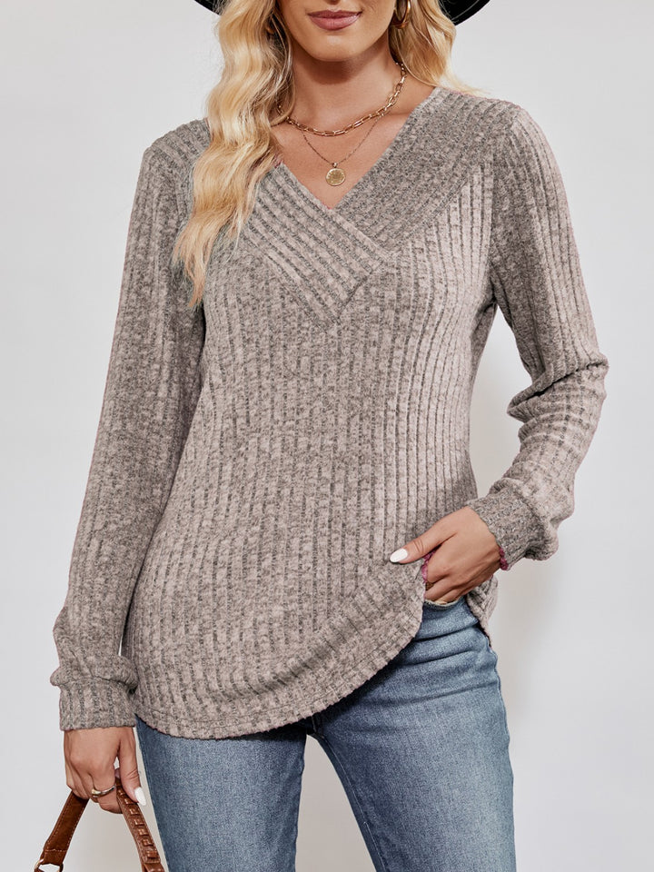 Khaki Ribbed knit crossover V-neck long sleeve top