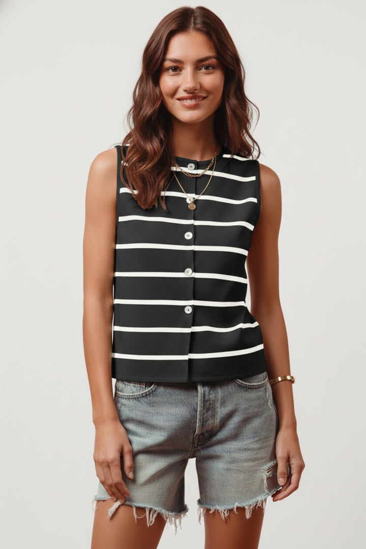 Striped button-front sleeveless sweater knit top