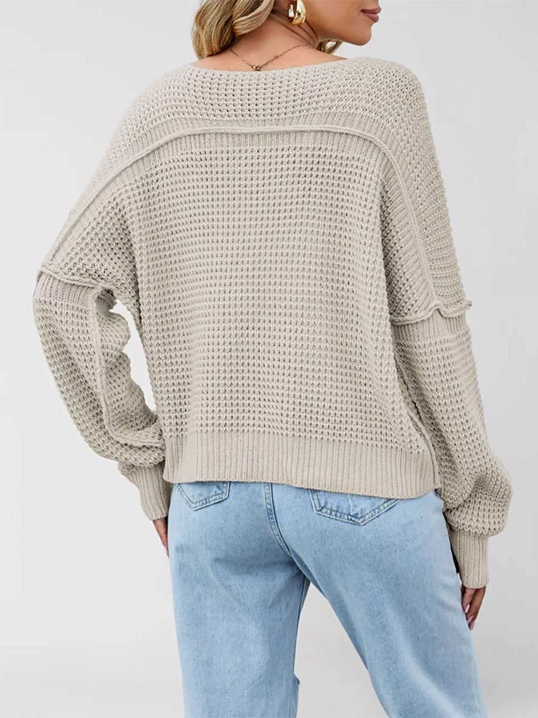 Waffle knit drop shoulder sweater with ribbed cuffs