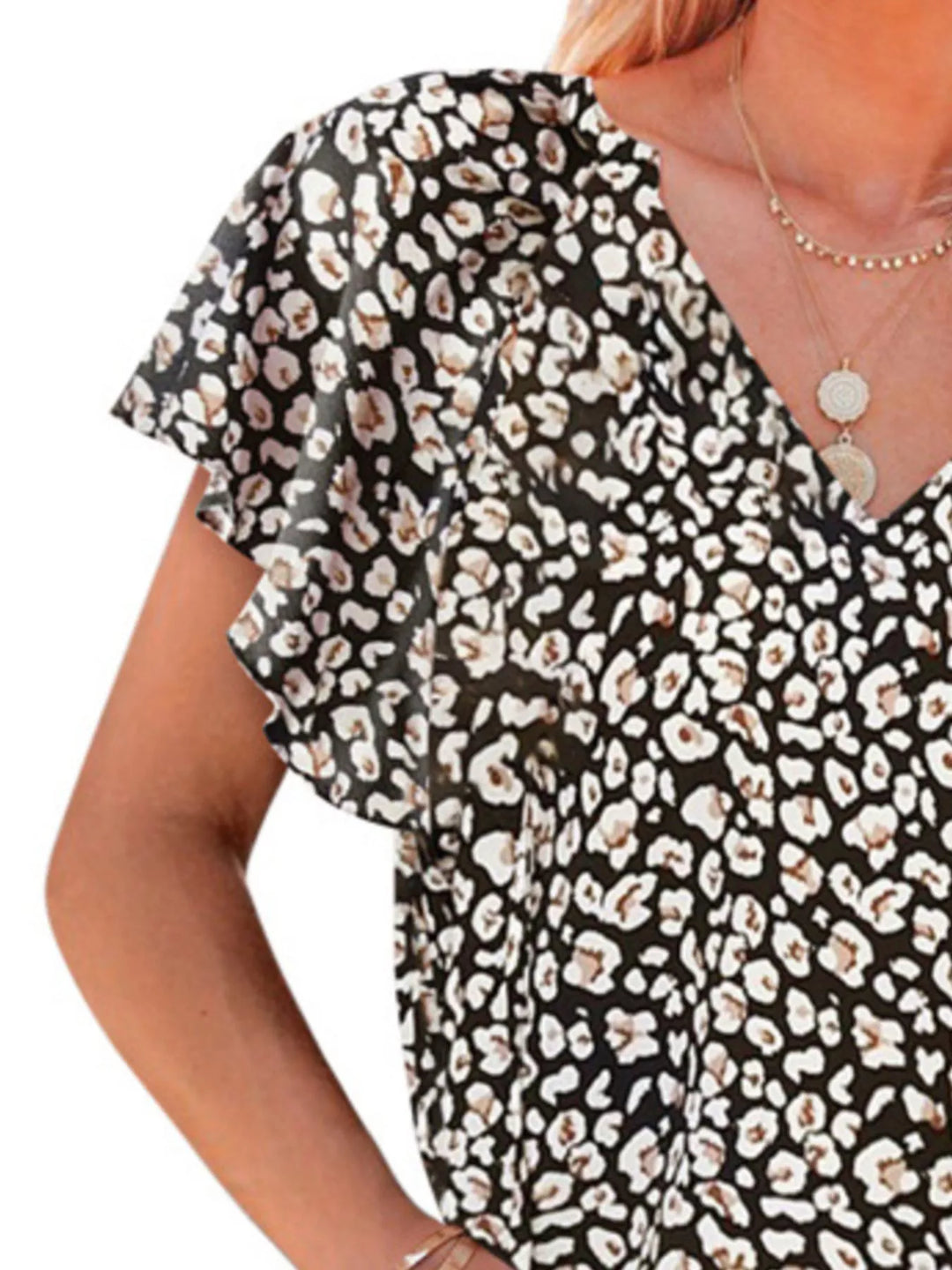 Floral print flutter sleeve V-neck blouse